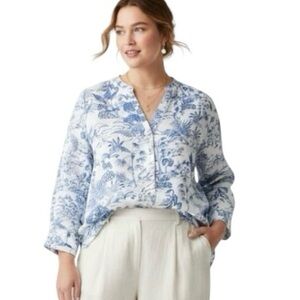 Joie Linen Toile Button Up Shirt Size 1X Blue and White Top Resort Beach Coastal